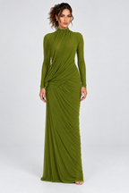 Olive Green Draped Long Sleeve Maxi Dress