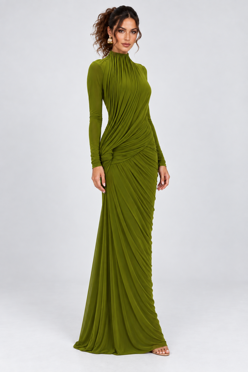 Olive Green Draped Long Sleeve Maxi Dress