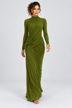 Olive Green Draped Long Sleeve Maxi Dress