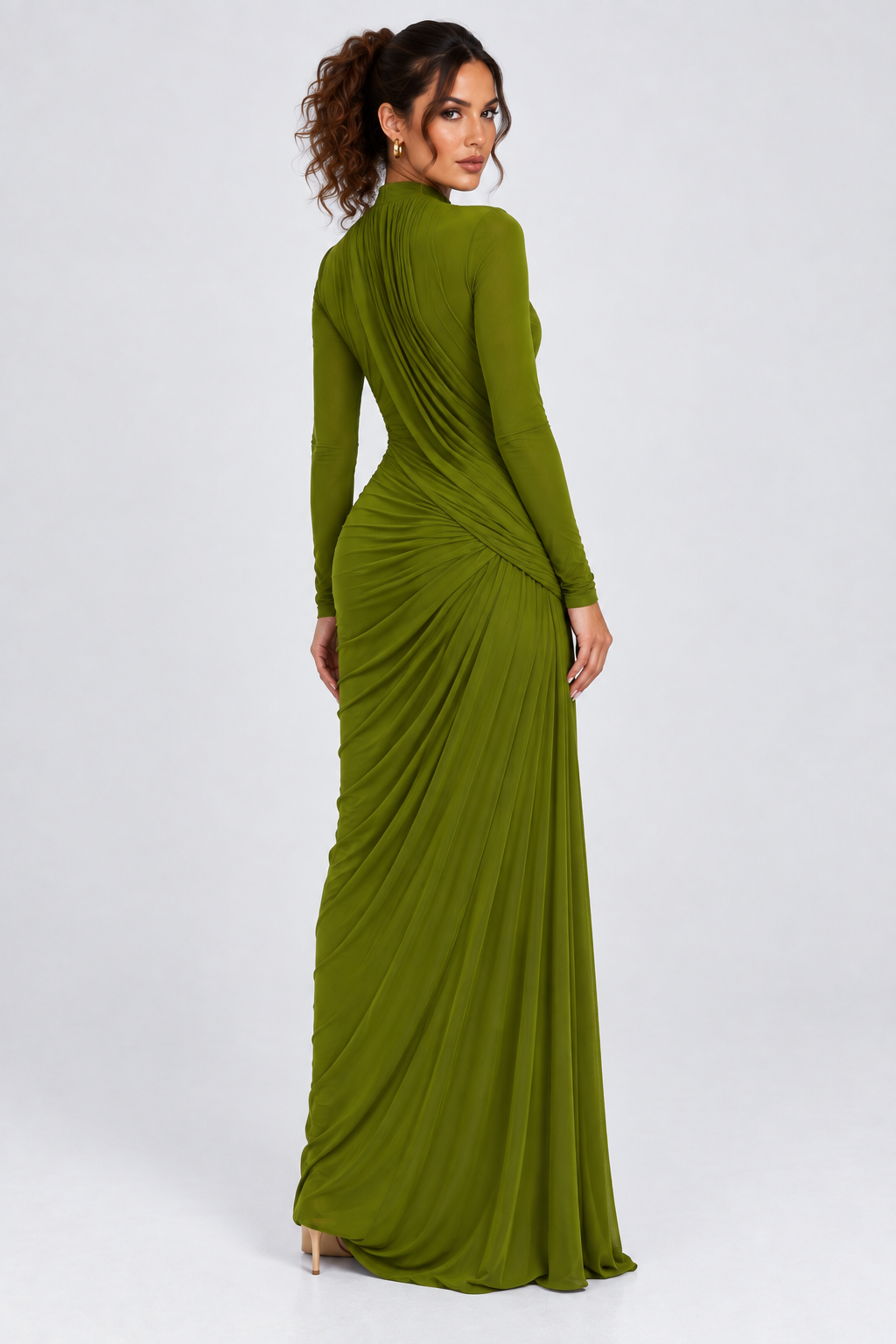 Olive Green Draped Long Sleeve Maxi Dress