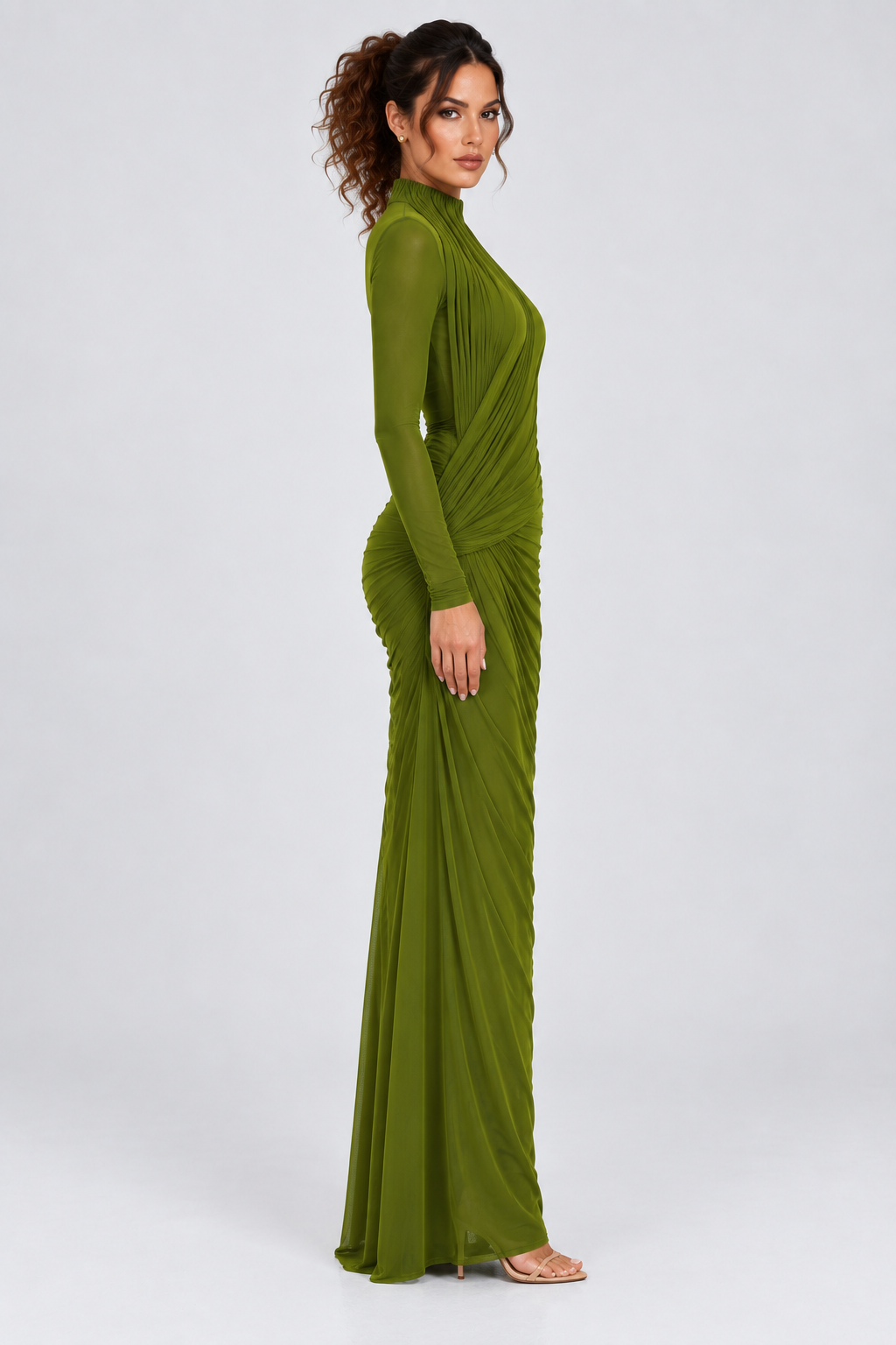 Olive Green Draped Long Sleeve Maxi Dress