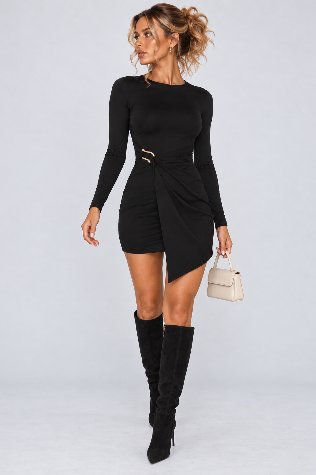 Black Asymmetric Bodycon Mini Dress with Gold Buckle