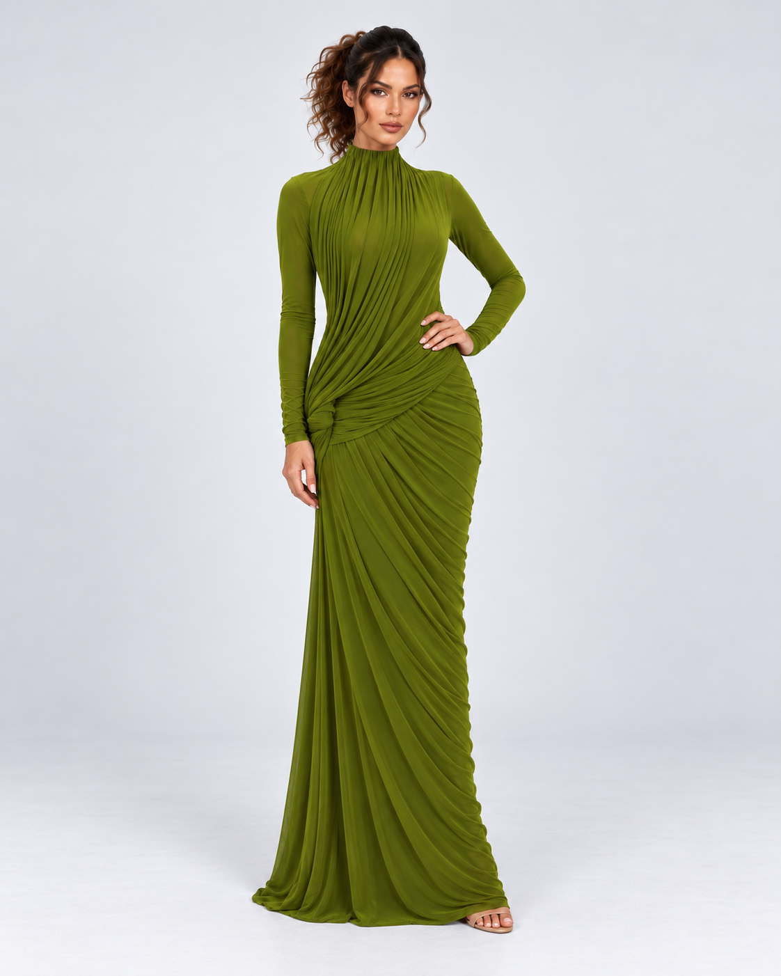Green Draped Long Sleeve Maxi Dress