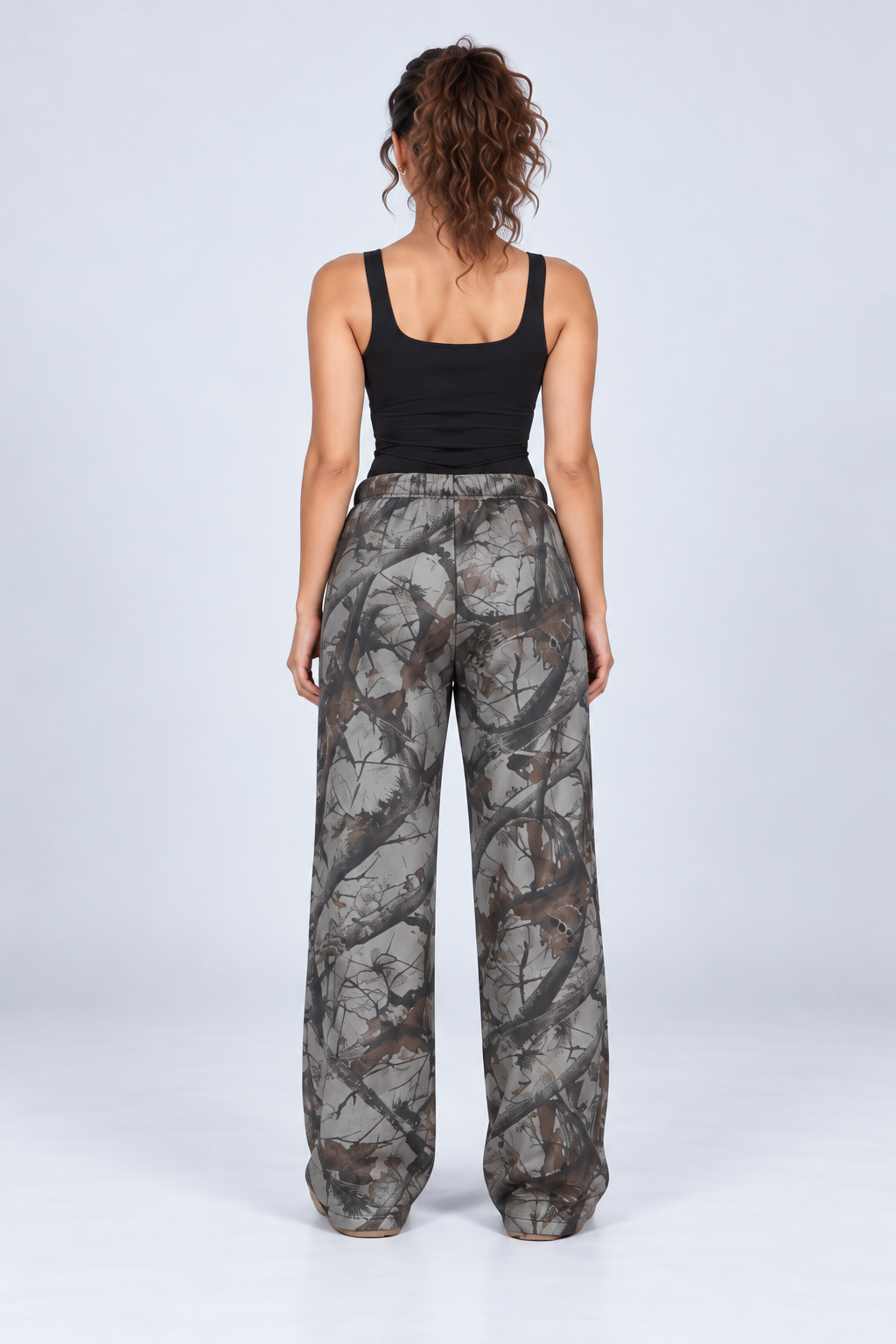 Gray Woodland Print Wide-Leg Pants