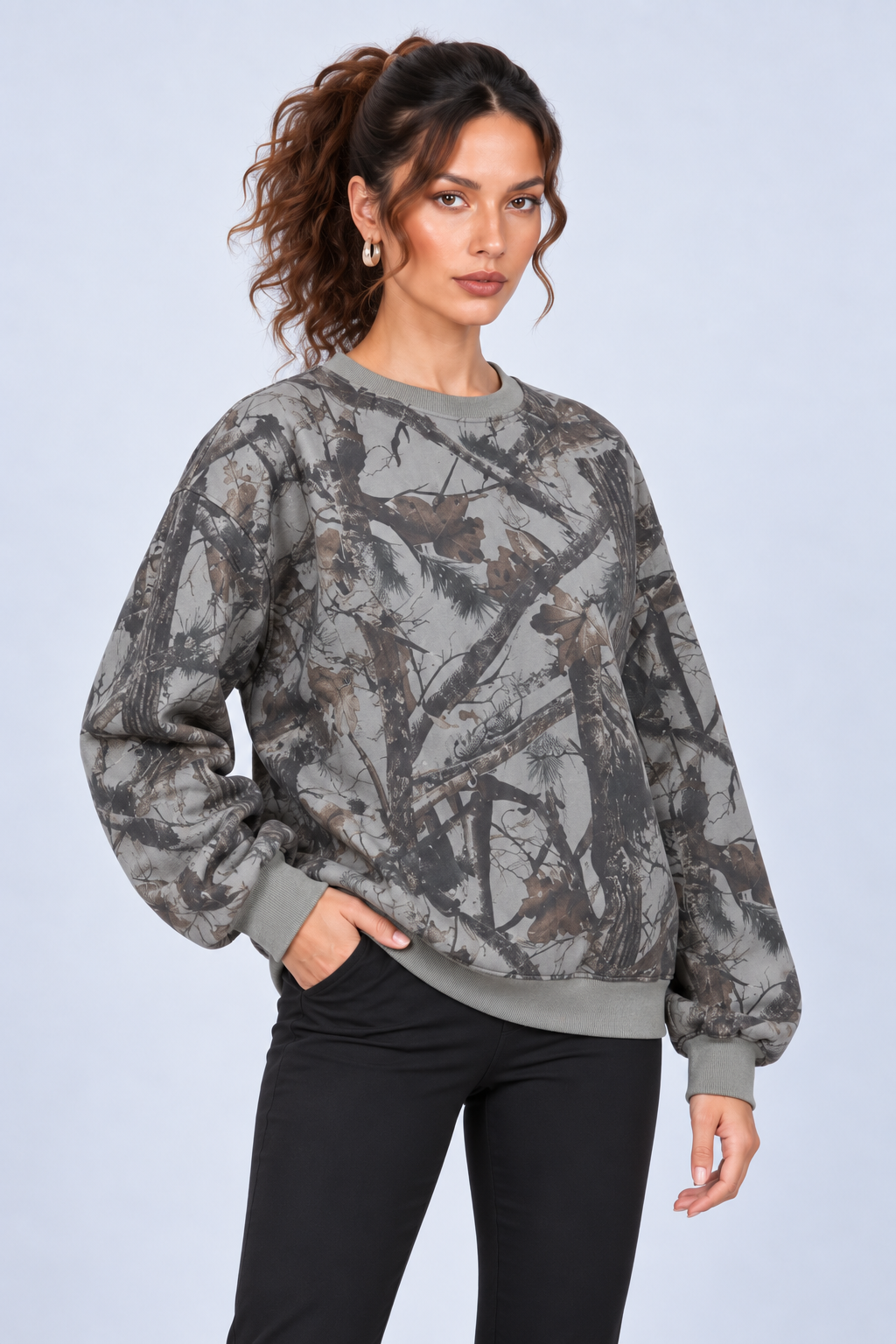 Gray Woodland Print Crewneck Sweatshirt