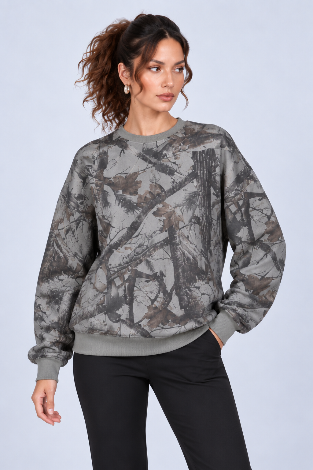 Gray Woodland Print Crewneck Sweatshirt