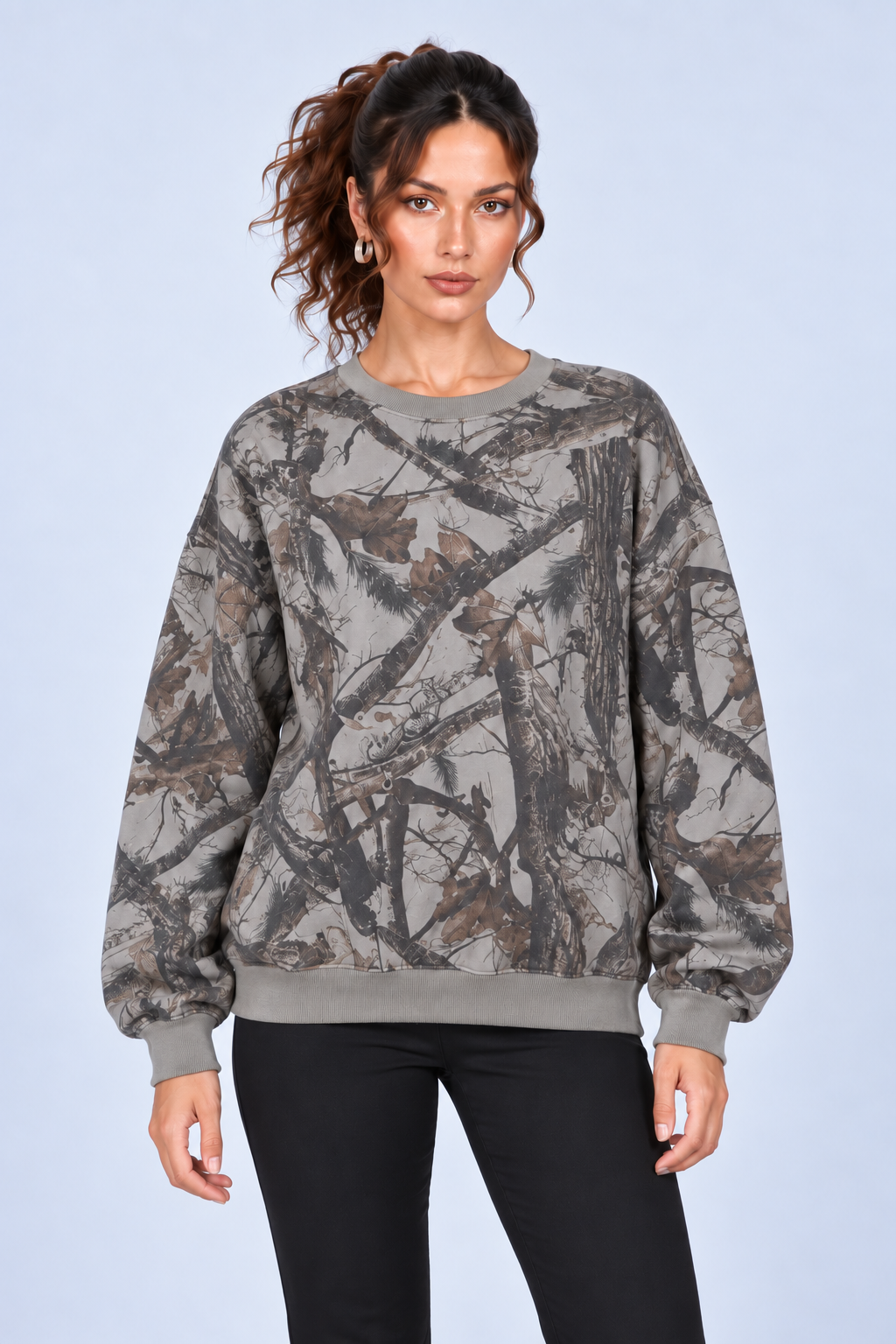 Gray Woodland Print Crewneck Sweatshirt