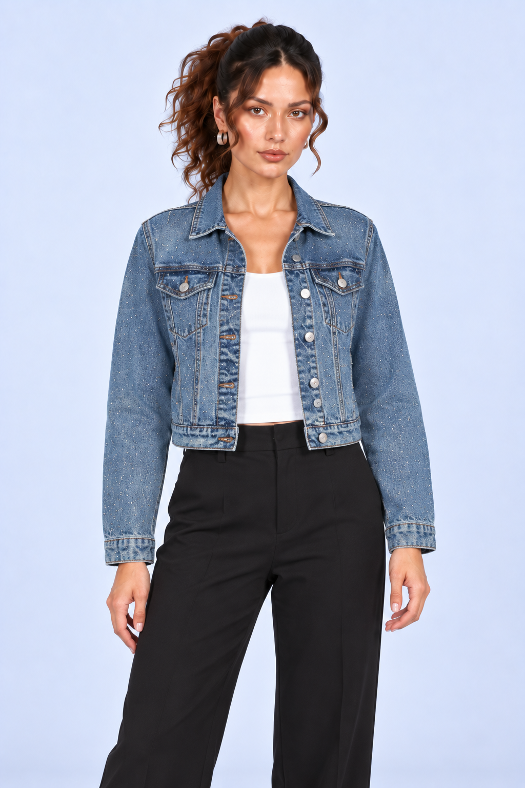 Bright Blue Sparkle Cropped Denim Jacket