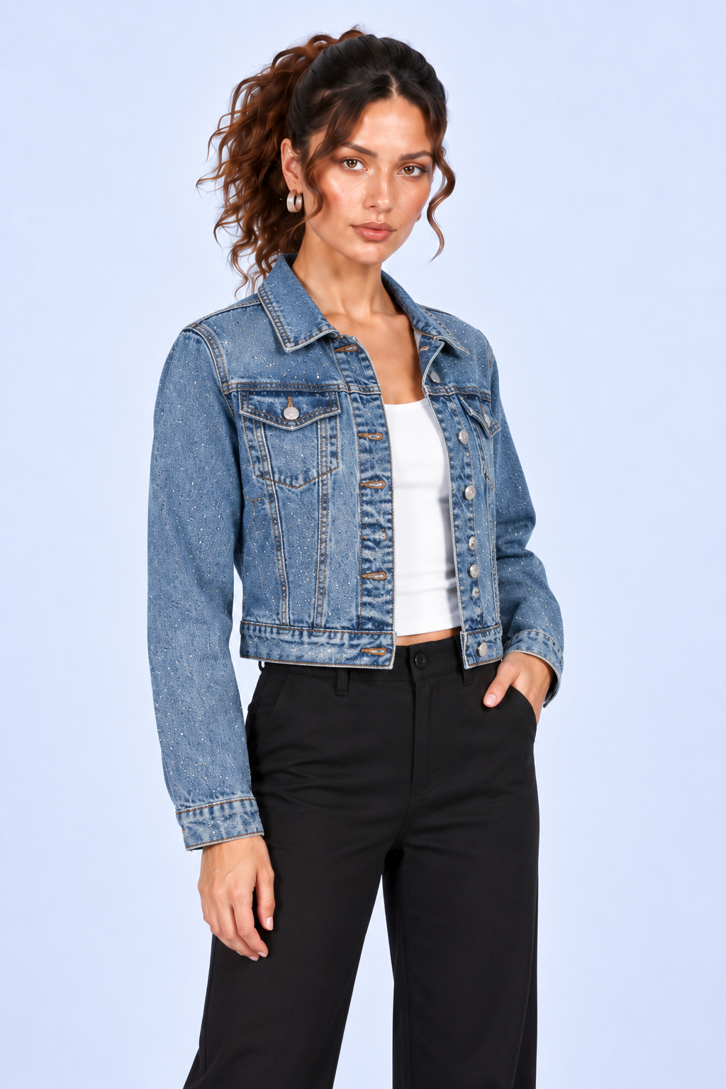 Bright Blue Sparkle Cropped Denim Jacket