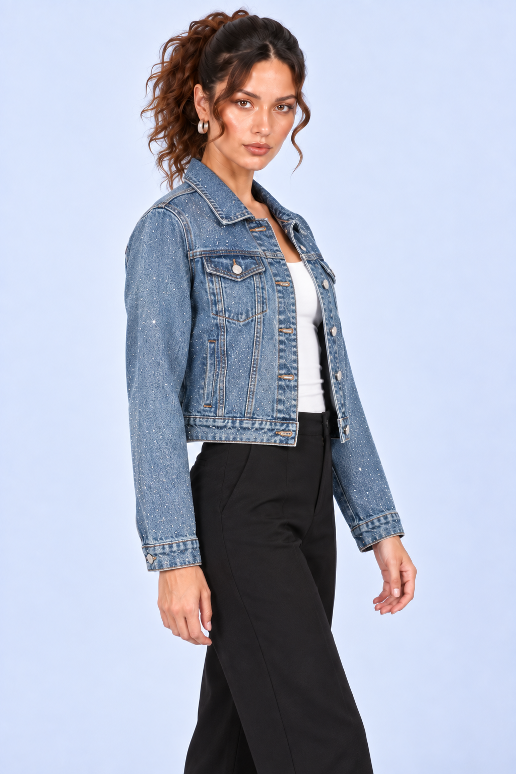 Bright Blue Sparkle Cropped Denim Jacket