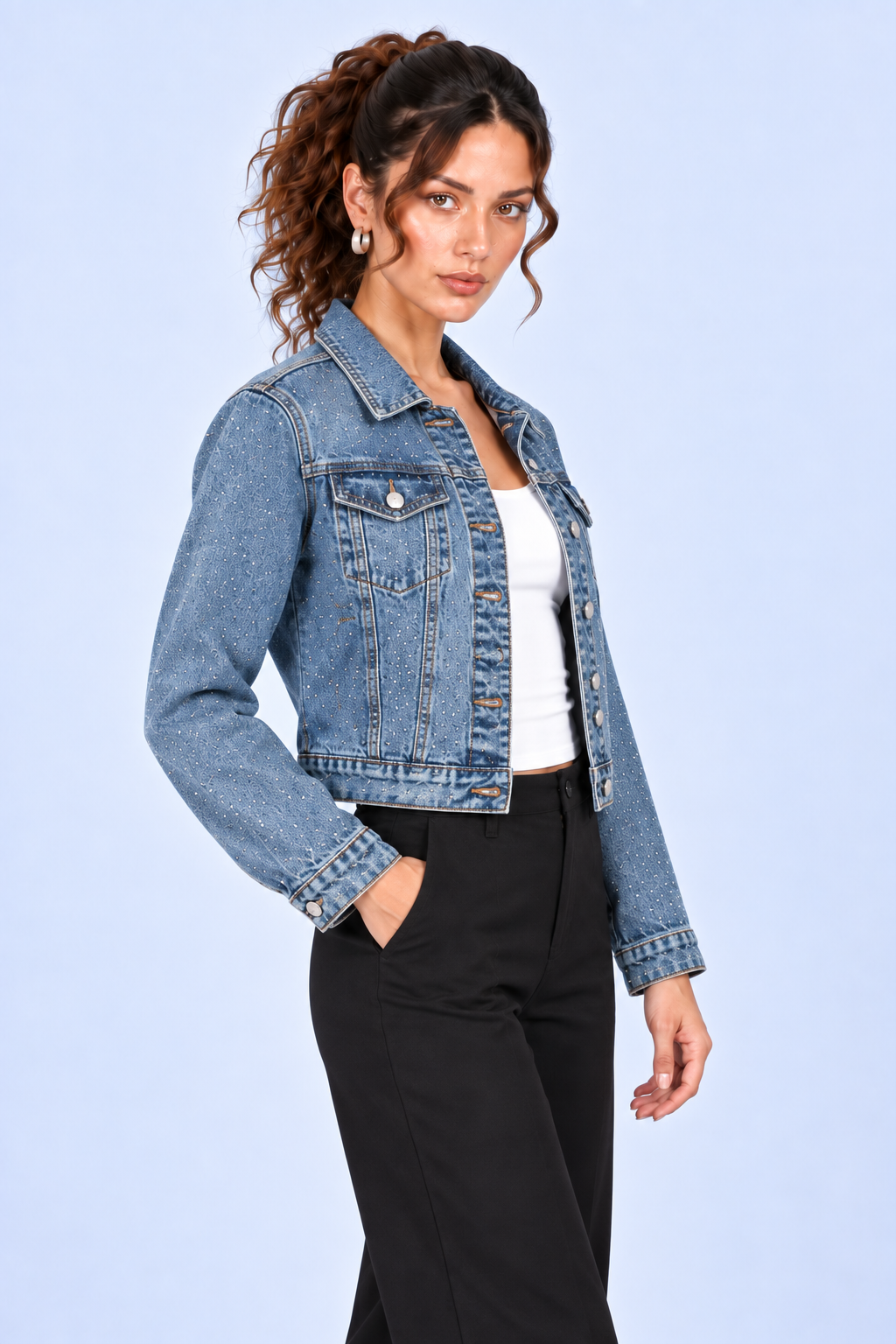 Bright Blue Sparkle Cropped Denim Jacket