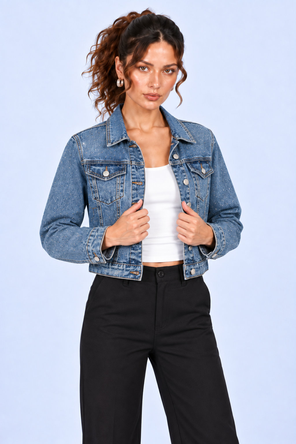 Bright Blue Sparkle Cropped Denim Jacket