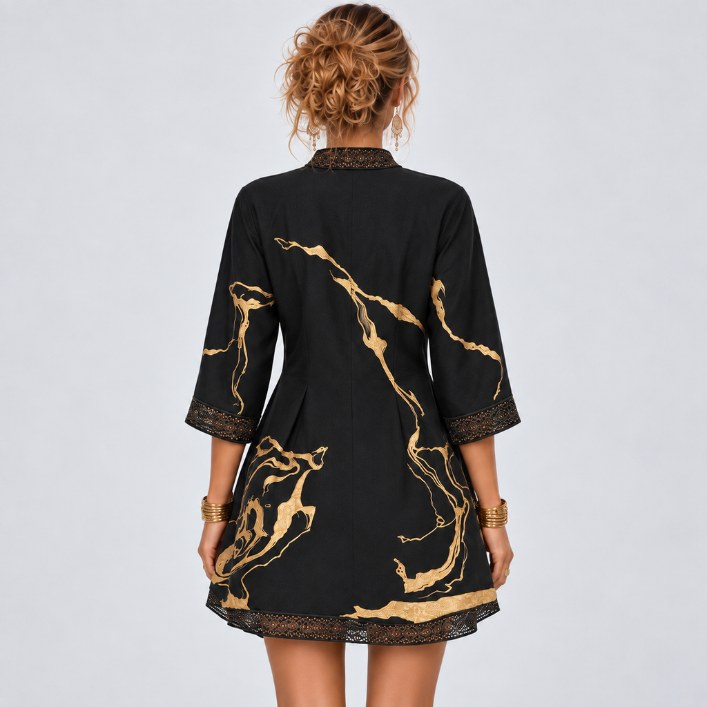 Black and Gold Embroidered V-Neck A-Line Mini Dress