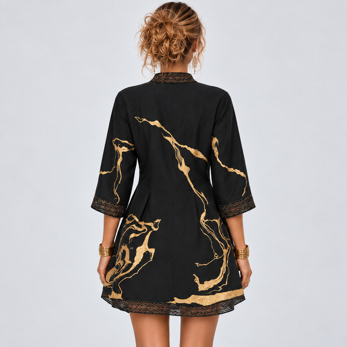 Black and Gold Embroidered V-Neck A-Line Mini Dress