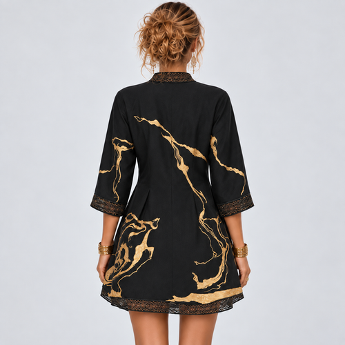 Black and Gold Embroidered V-Neck A-Line Mini Dress