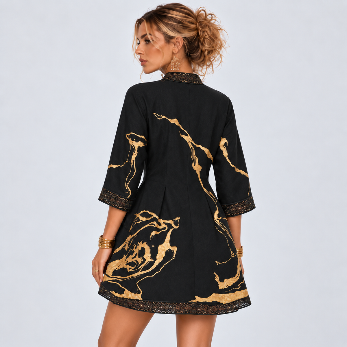 Black and Gold Embroidered V-Neck A-Line Mini Dress