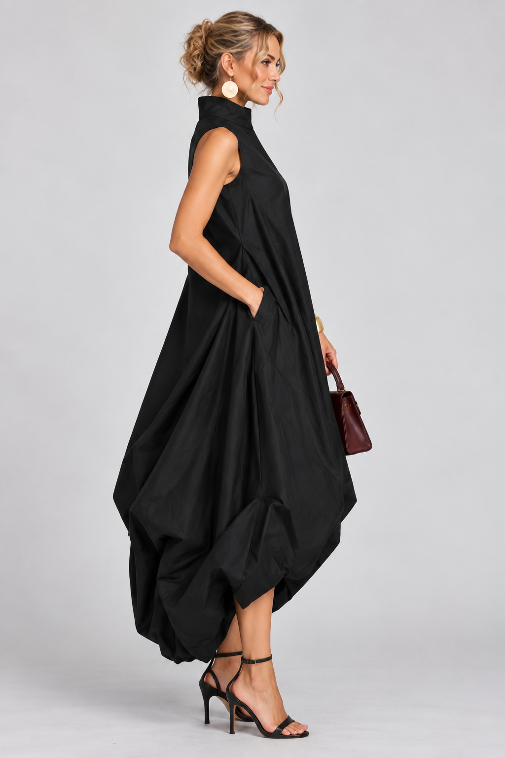 Black Sleeveless High-Neck Balloon-Hem Maxi Dress