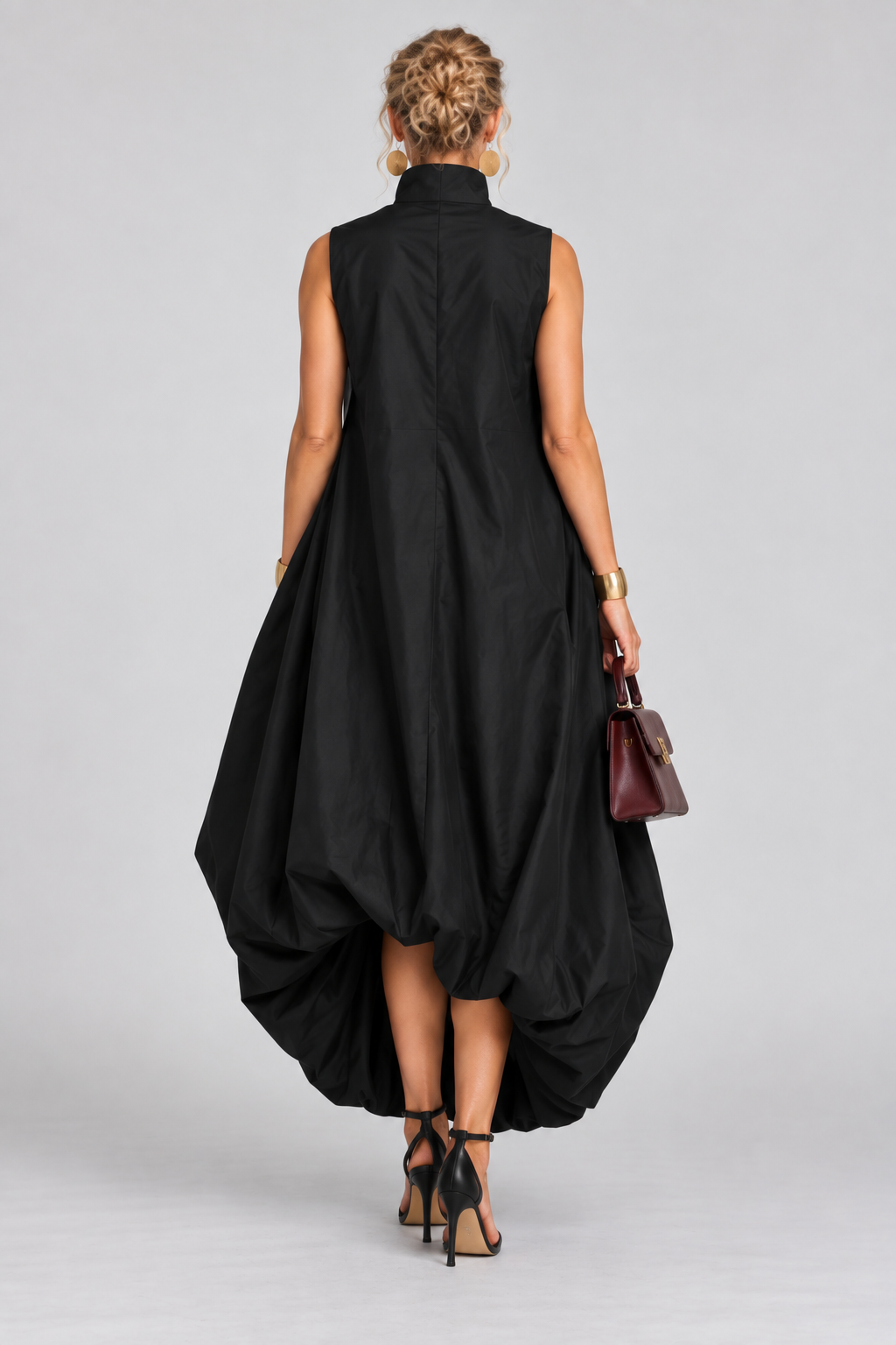Black Sleeveless High-Neck Balloon-Hem Maxi Dress