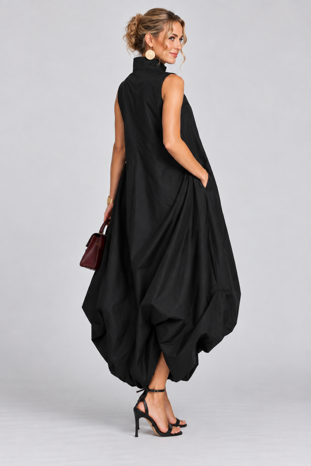 Black Sleeveless High-Neck Balloon-Hem Maxi Dress