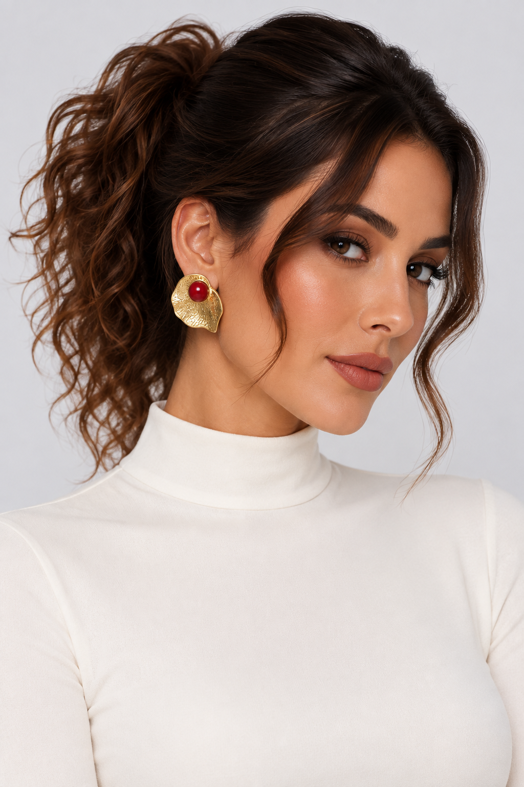 Gold & Red Sculptural Stud Earrings