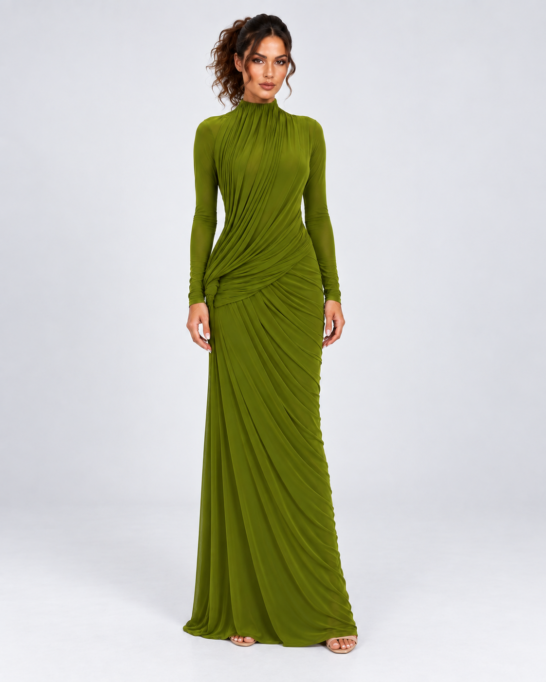 Green Draped Long Sleeve Maxi Dress
