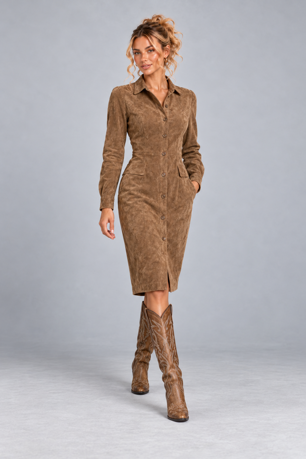 Camel Suede Look Midi Shirt Dress
