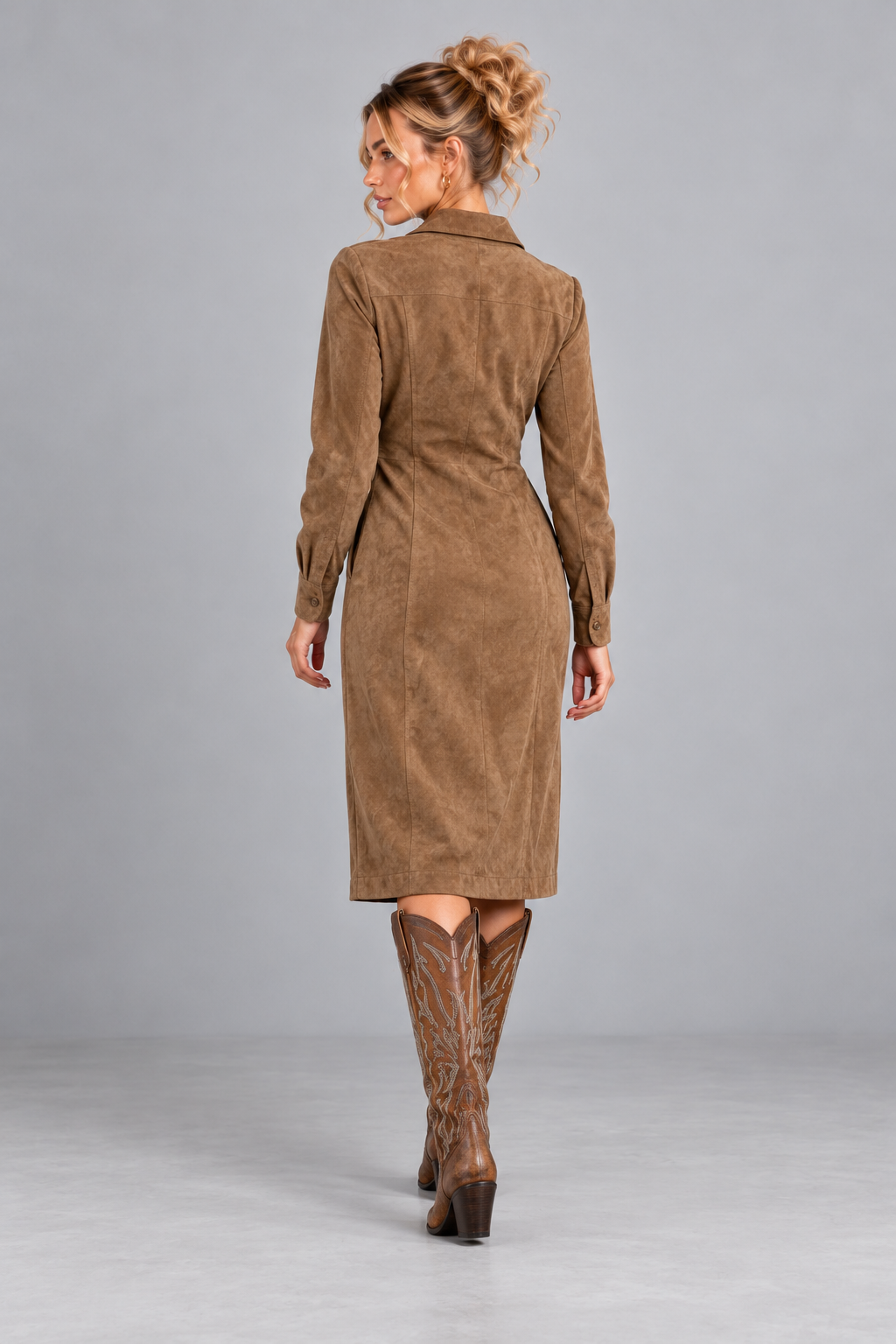 Camel Suede Look Midi Shirt Dress