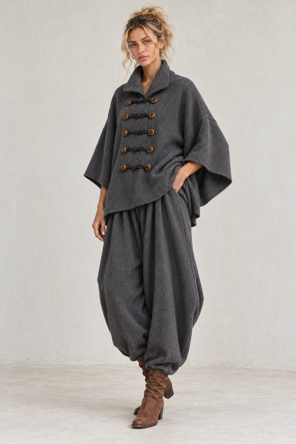 Charcoal Toggle Cape & Harem Trouser Set