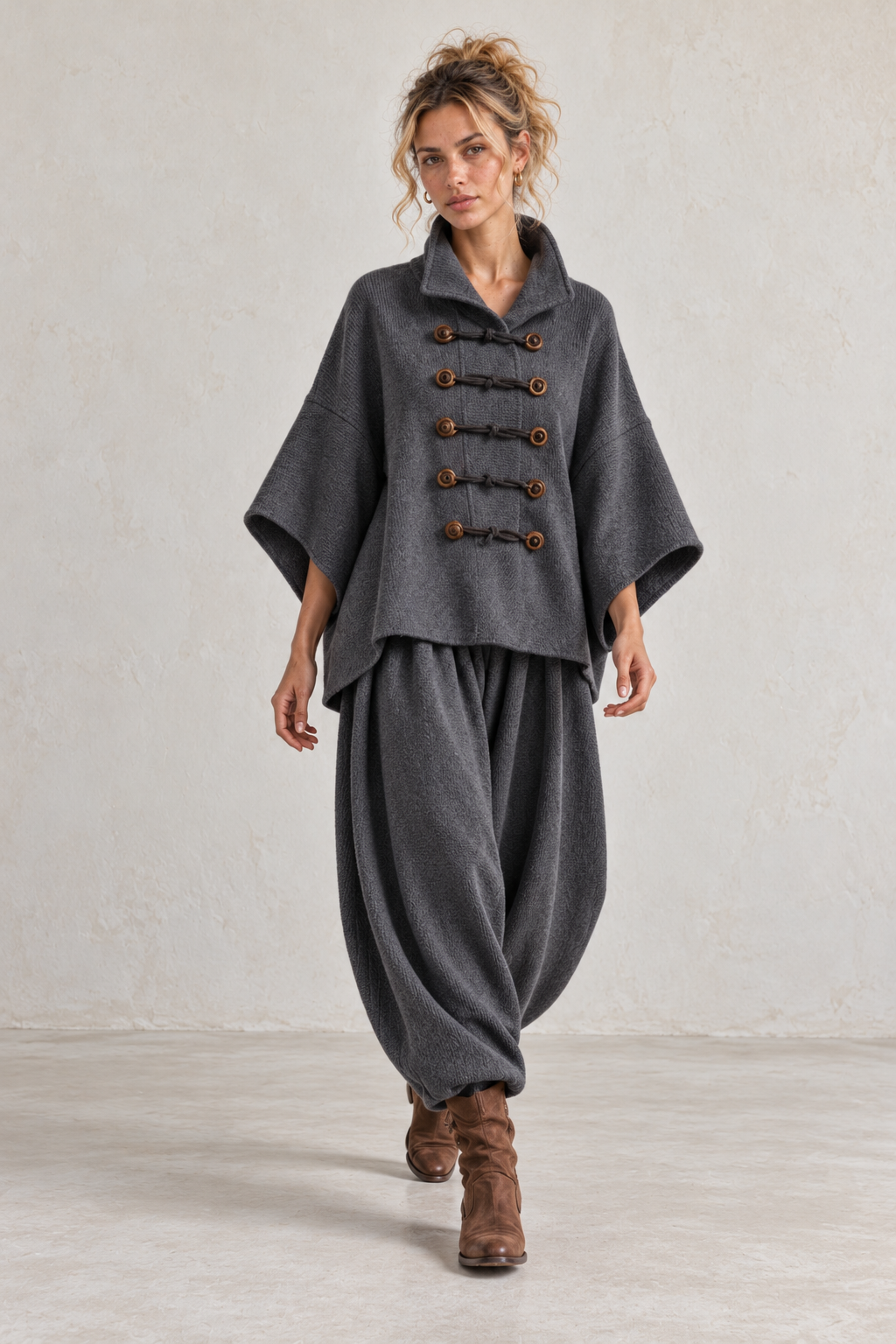Charcoal Toggle Cape & Harem Trouser Set