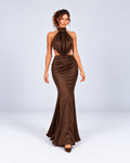 Satin Halter Cowl-Neck Ruched Mermaid Maxi Dress