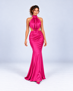 Satin Halter Cowl-Neck Ruched Mermaid Maxi Dress