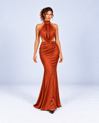Satin Halter Cowl-Neck Ruched Mermaid Maxi Dress