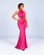 Satin Halter Cowl-Neck Ruched Mermaid Maxi Dress