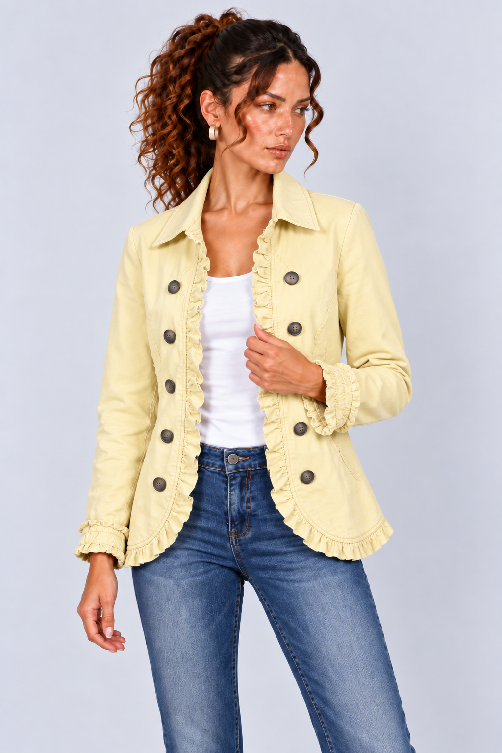 Ruffle-Trim Long Sleeve Fitted Jacket