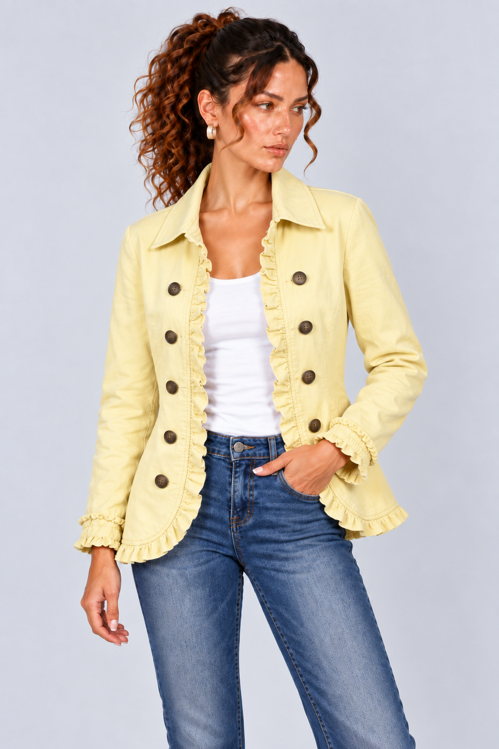 Ruffle-Trim Long Sleeve Fitted Jacket