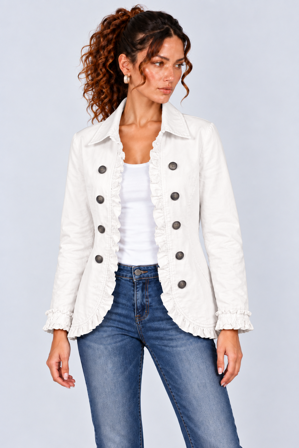 Ruffle-Trim Long Sleeve Fitted Jacket