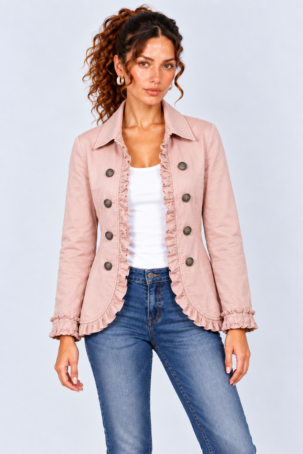 Ruffle-Trim Long Sleeve Fitted Jacket