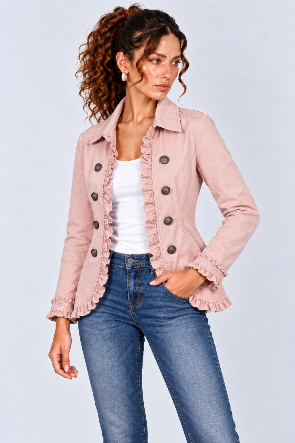 Ruffle-Trim Long Sleeve Fitted Jacket