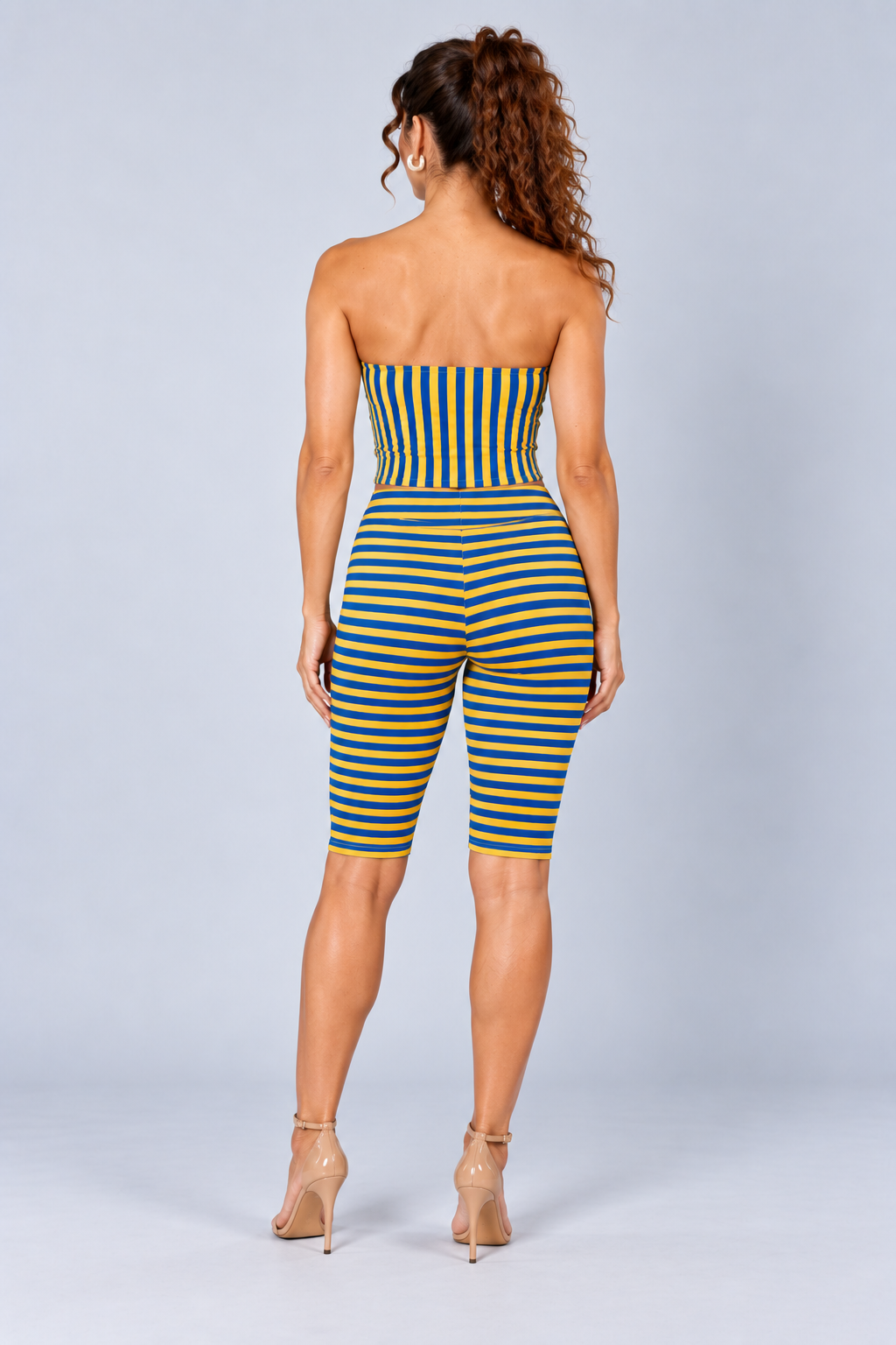 Blue and Yellow Striped Tube Top and Biker Shorts Set