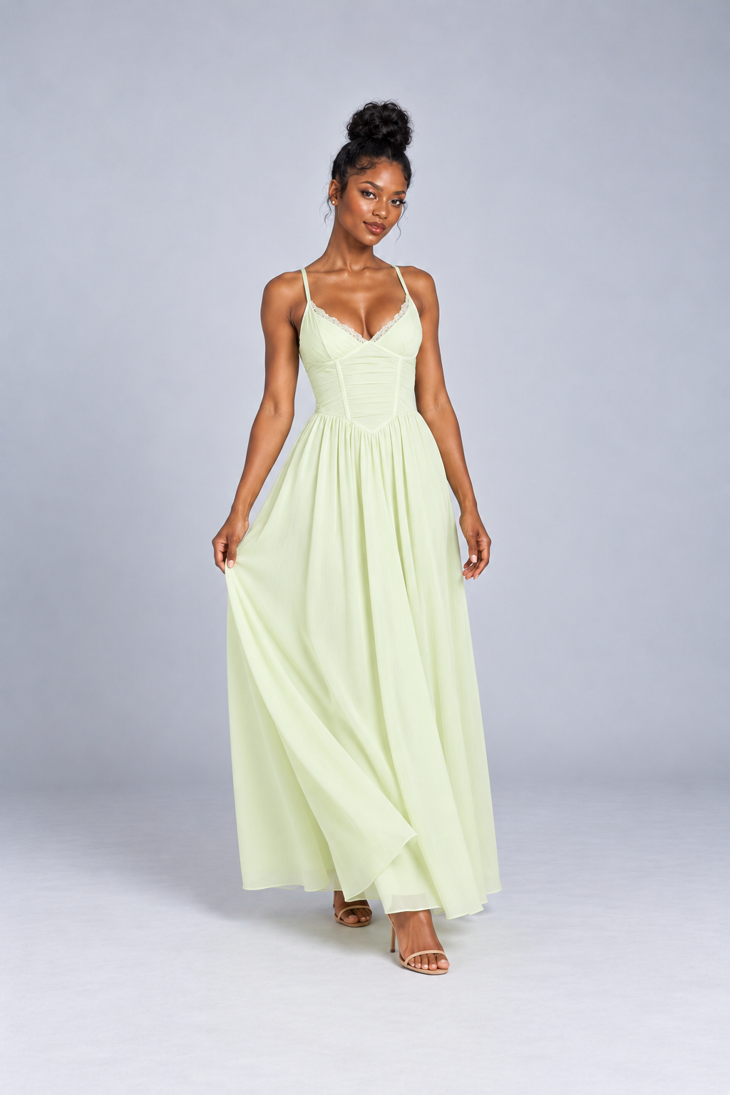Light Green Lace Trim Corset Maxi Dress