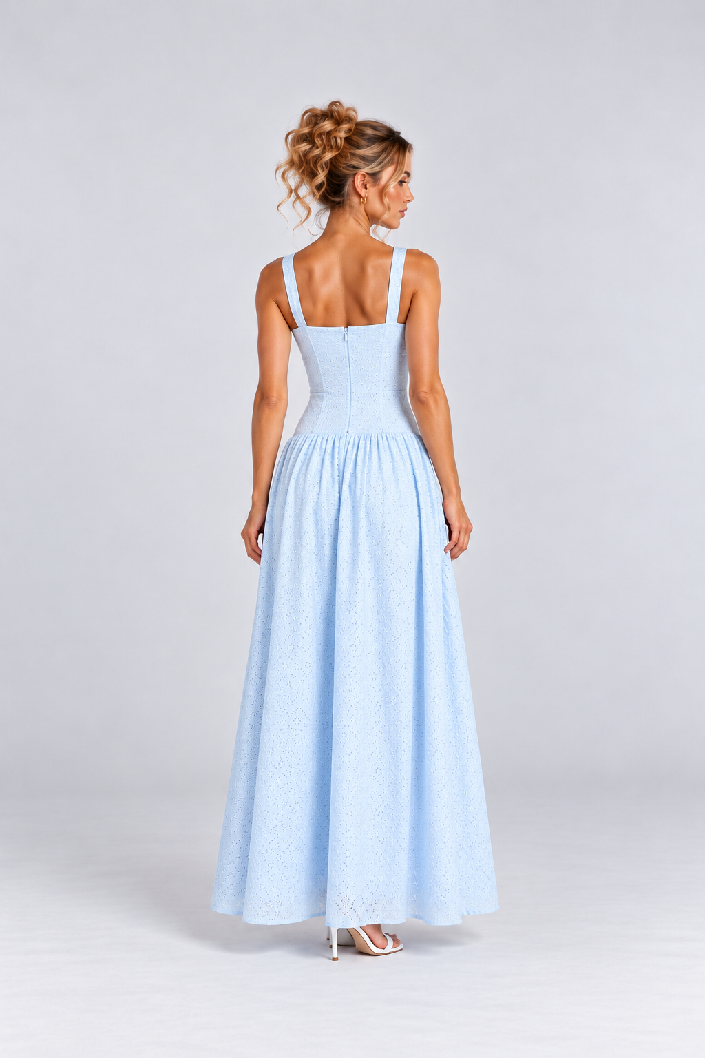 Light Blue Eyelet Sweetheart Neck Maxi Dress