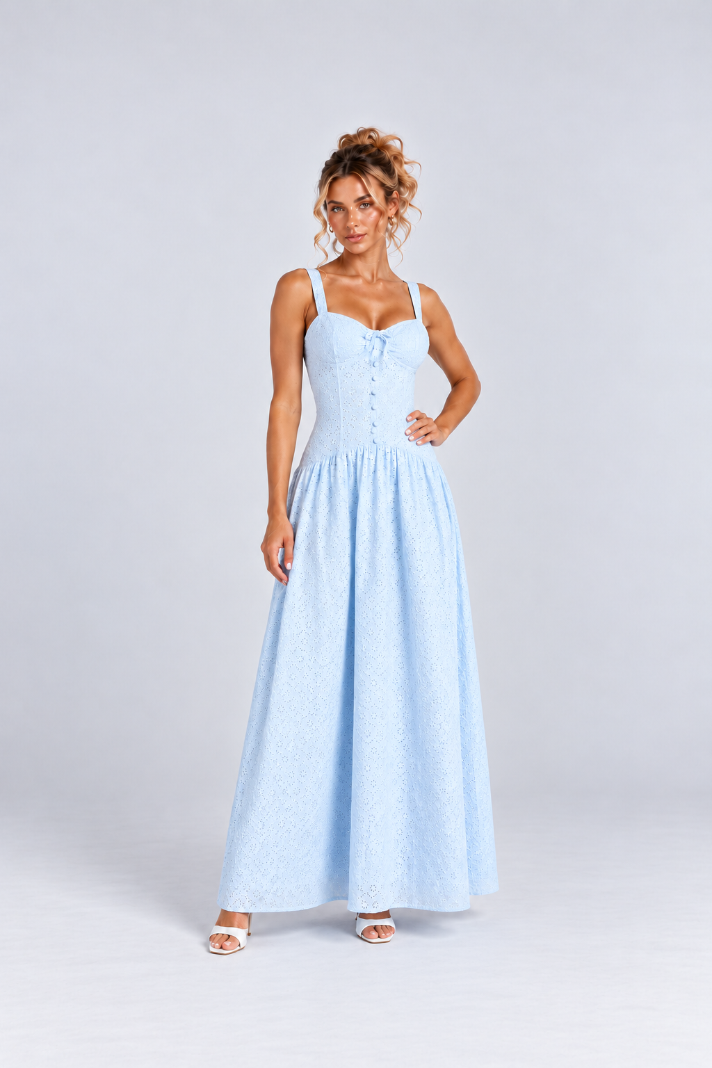 Light Blue Eyelet Sweetheart Neck Maxi Dress