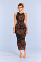 Rust Floral Sleeveless Side Slit Midi Dress