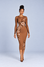 Caramel Floral Mesh Long Sleeve Midi Dress
