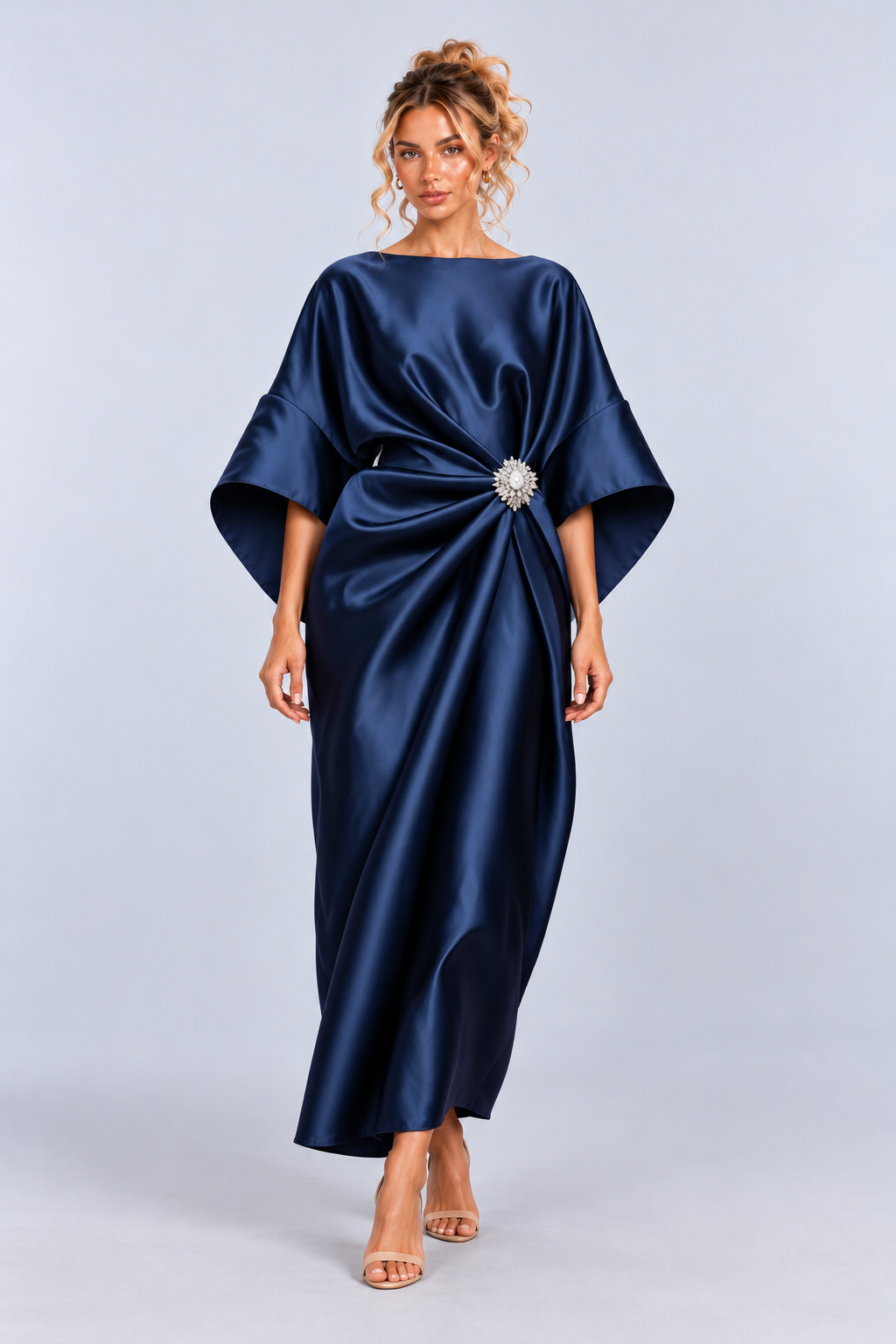 Satin Kimono Sleeve Draped Maxi Dress