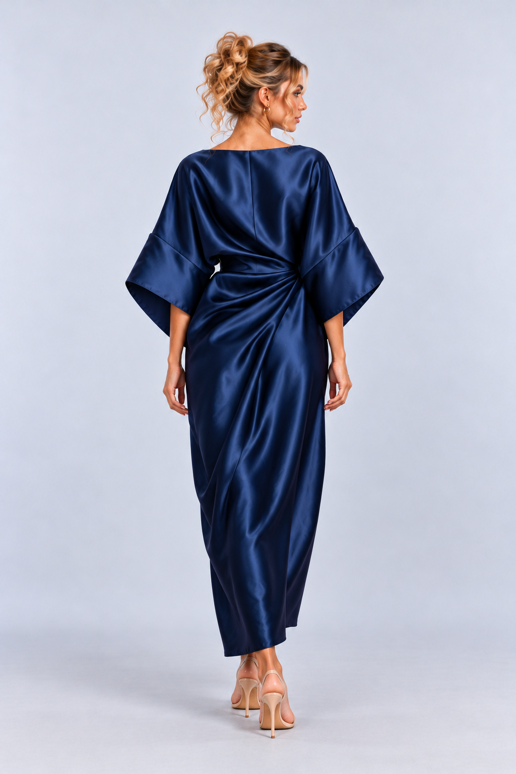 Satin Kimono Sleeve Draped Maxi Dress