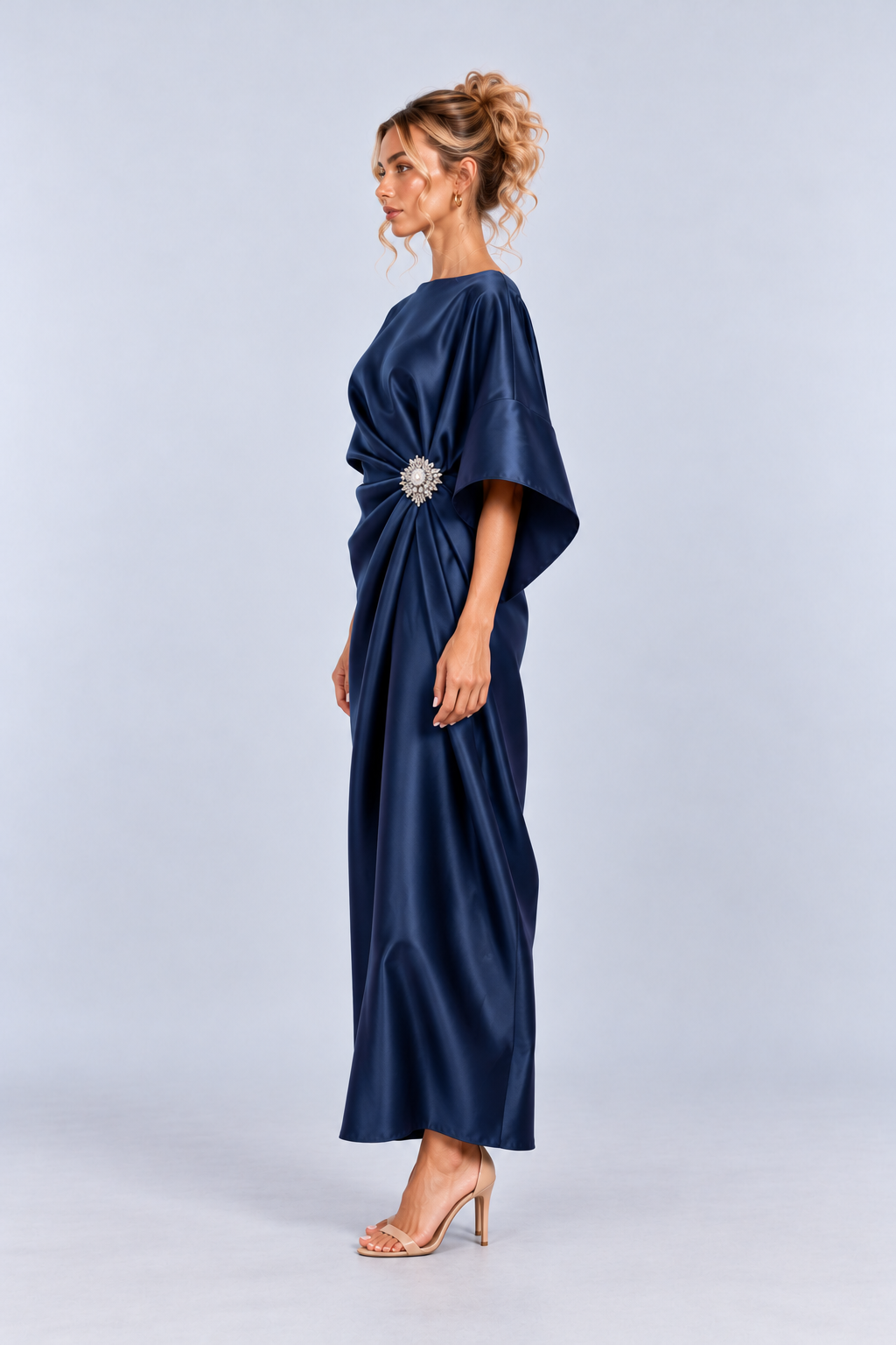 Satin Kimono Sleeve Draped Maxi Dress