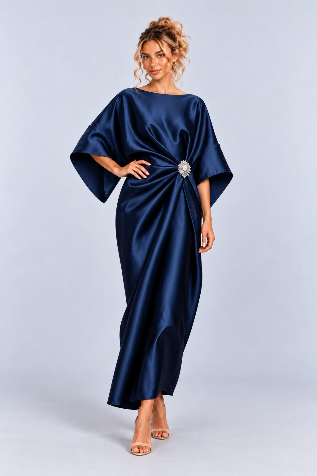 Satin Kimono Sleeve Draped Maxi Dress