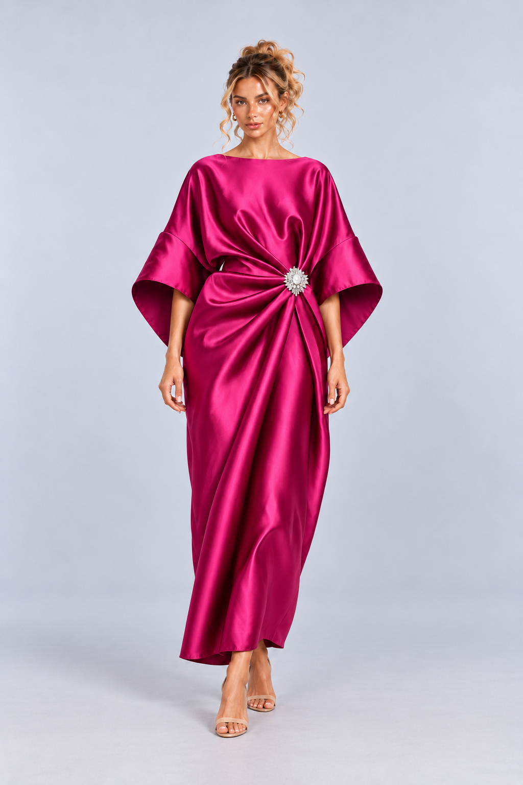 Satin Kimono Sleeve Draped Maxi Dress
