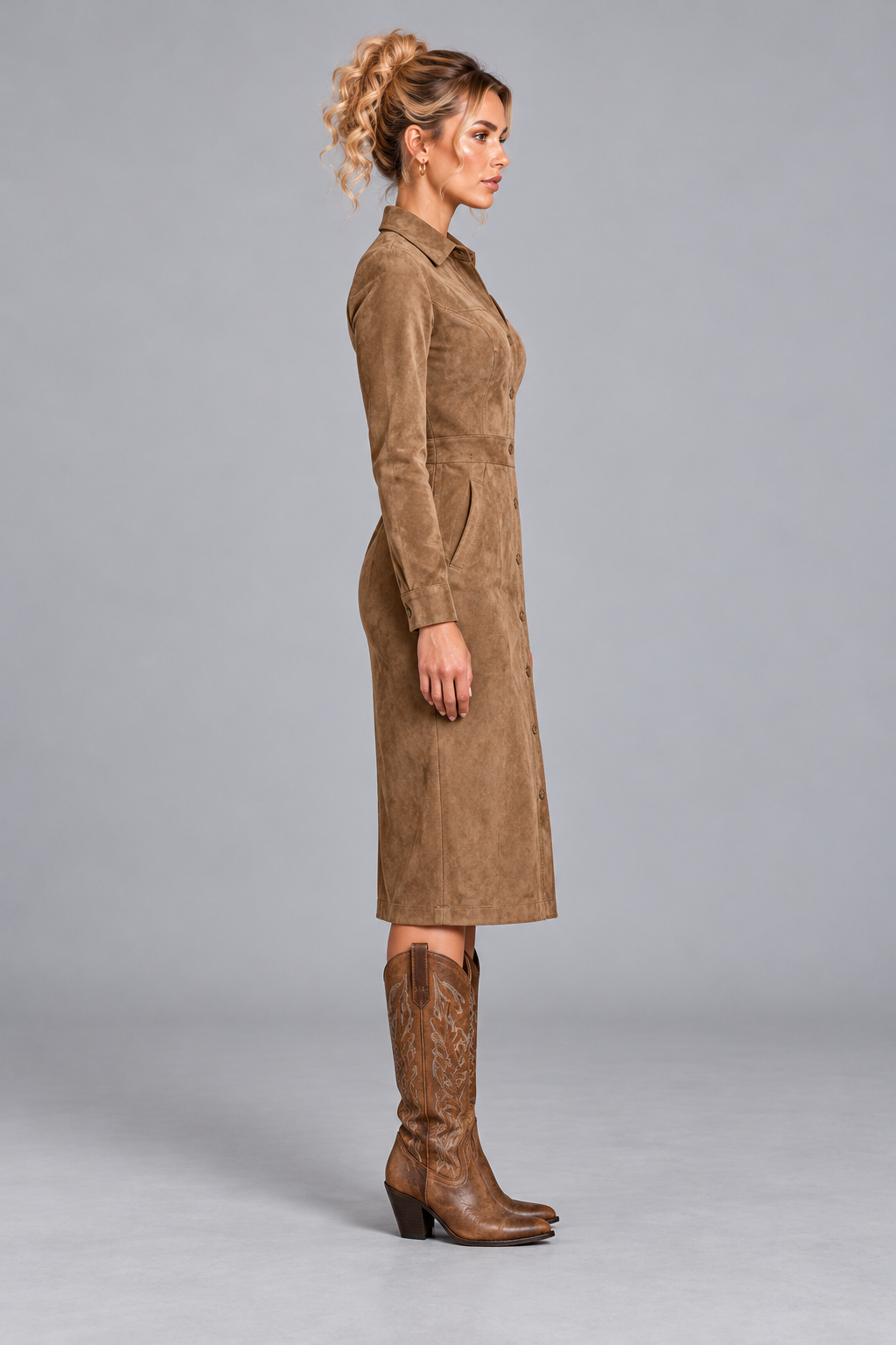 Camel Suede Look Midi Shirt Dress